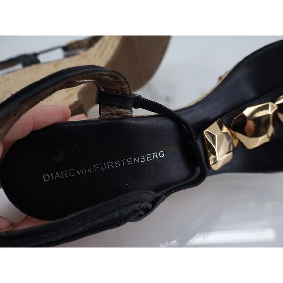 Diane Von Furstenberg Leather Jute Sandals Womens 9.5 Embellished Black Wedges - Picture 11 of 14